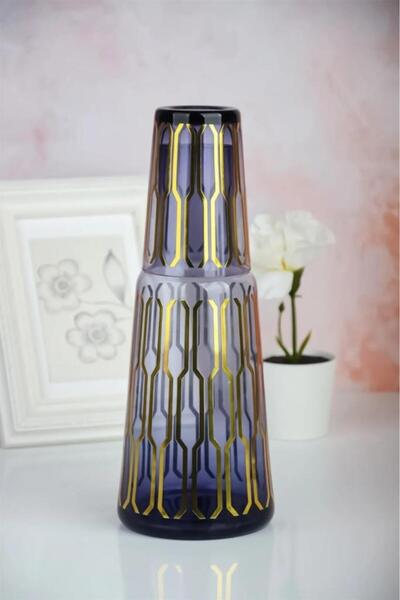 Tiesa Home Altıgen Motifli Yaldızlı Cam Bardaklı Başucu Sürahisi 1 L Mor