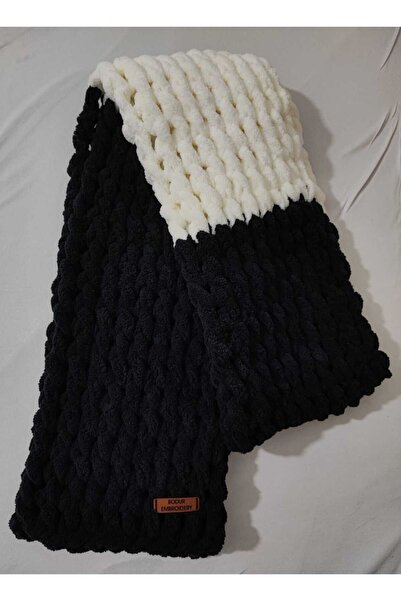 BODUR EMBROIDERY 200X22 Cm. Black Light Cream Scarf Puffy - 100% Hand Knitted