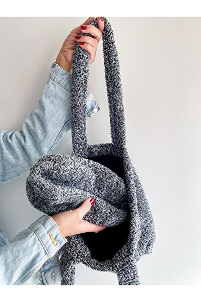 Anı Home Gri Kırçıllı Peluş Siyah Astarlı Teddy Omuz Çantası Ve Makyaj Çantas...