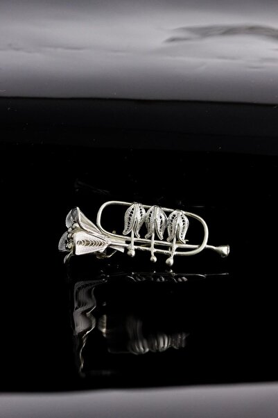 Sahra Gümüş Saksafon Model El Işi Telkari Gümüş Broş & Yaka İğnesi