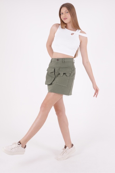 RICHMOST Seamless Short Women's Jeans Skirt with Epaulettes Front Pocket Detail and Regular Waisted Unlined Finish Khaki Denim
