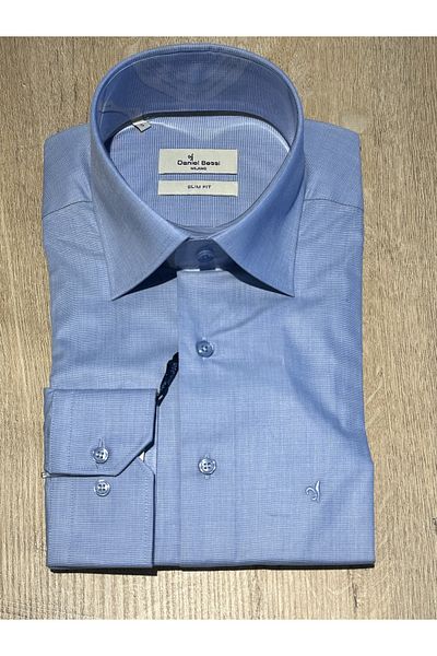 Daniel Bessi Cămașă clasică pentru bărbați, cu mânecă lungă, slim fit, de bază, albastru din bumbac