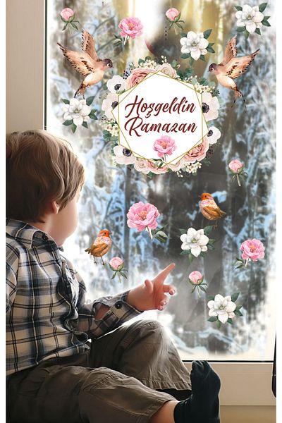 Sim Tasarım Welcome Ramadan Birds Flowers Decorative Glass Wall Sticker Set