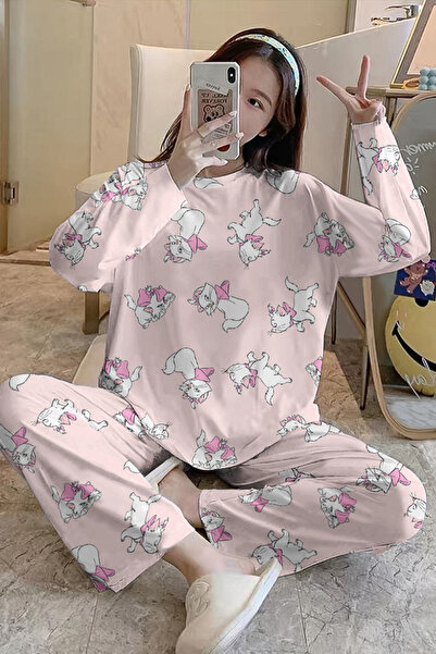 PEMBİŞ HOMEWEAR Long Sleeve Pajama Set Marie Cat Supersoft Basic Single Jersey