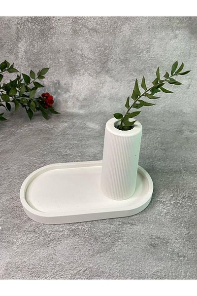 stonnish White Striped Scandinavian Style Vase - Flat and Oval Plate