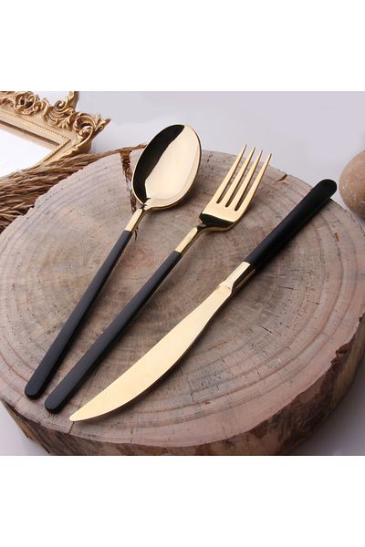 Demir Çeyiz iron dowry dmr life 12 pcs Dream Titanium GOLD BLACK 6 pcs sweet spoons 6 pcs sweet forks