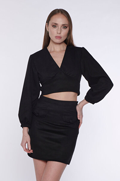 SOLİLDE Fusta mini din piele intoarsa cu aspect de buzunar