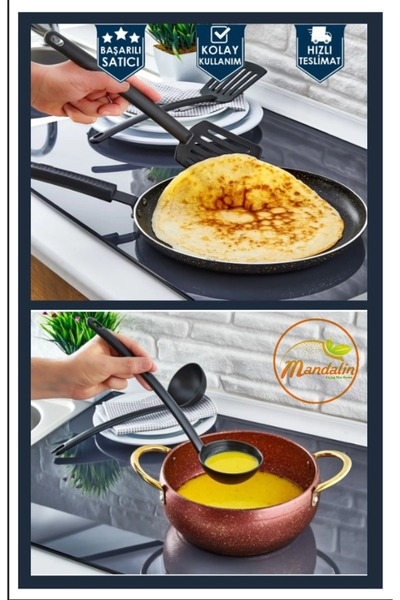 mandalin reklam Tangerine Practical Fireproof Non-Stick Teflon Serving Set Durable Ladle Colander Spatula Spoon 4-Piece Black