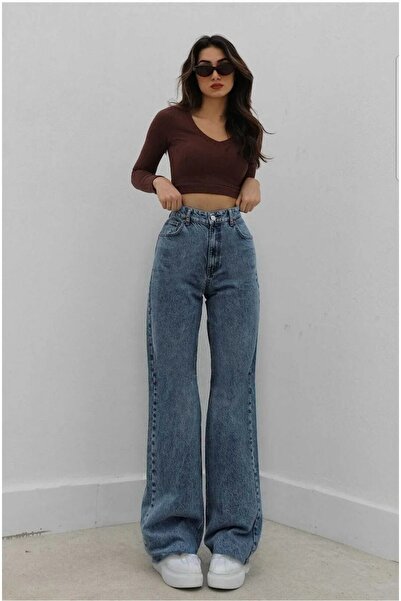 Lixera Pantaloni Palazzo Jean cu talie lată Vivien Albastru închis pentru zăp...