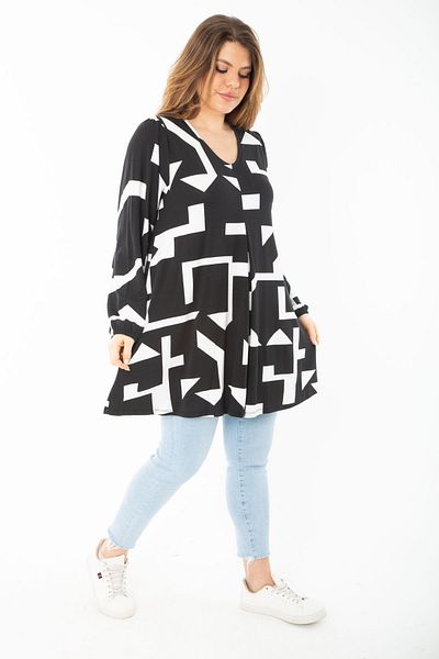 Şans Women's Large Size Black Front A Pleated V Neck Long Sleeve Tunic 65N37437