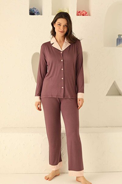 S&S SPECKLED & STONE Önden Düğmeli Uzun Kollu çizgi çiçek Desenli Pijama Takımı