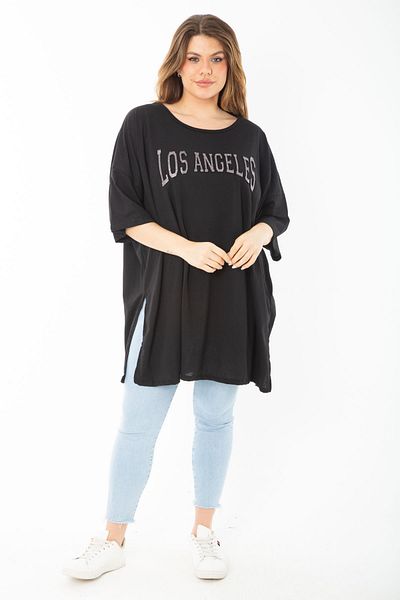 Şans Women's Plus Size Black Glitter Detailed Side Slit Blouse 65N37452