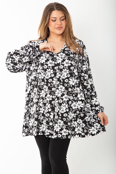 Şans Women's Large Size Black Front A Pleated V Neck Long Sleeve Tunic 65N37451