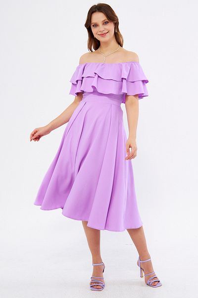 Bidoluelbise Lilac Ruffle Neckline Off Shoulder Flowy Woven Fabric Midi Length Homecoming & Evening Dress