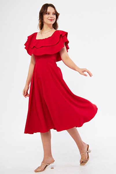 Bidoluelbise Kırmızı Fırfır Yaka Düşük Omuz Dökümlü Dokuma Kumaş Midi Boy Mezuniyet & Abiye Elbise