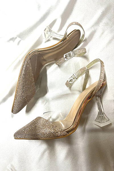 TrendyAnka Lady Şeffaf Nude Ten Roz Kristal Taşlı 8 Cm Şeffaf Kadeh Topuklu Düğün Nişan Abiye Ayakkabı