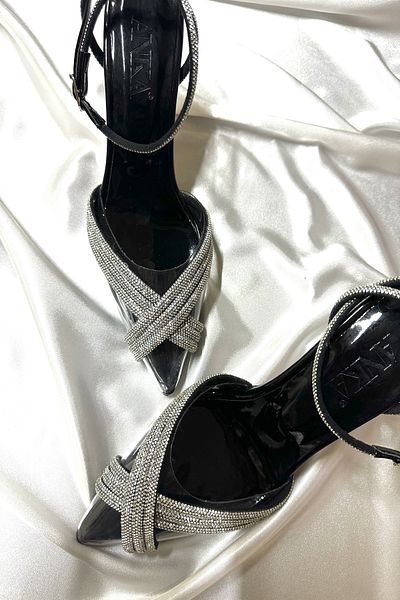 TrendyAnka Women's Princess Black Transparent Cross Stoned 8 Cm Transparent Heeled Pointed Toe Evening Dress Shoes