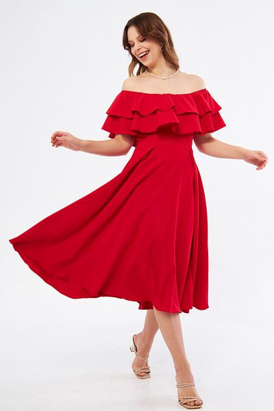 Bidoluelbise Red Ruffle Neckline Off Shoulder Flowy Woven Fabric Midi Length Homecoming & Evening Dress