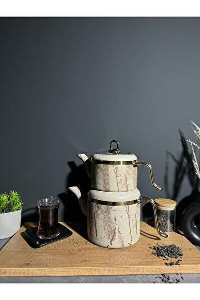 BENA LİFE Desenli Granit Çaydanlık Takımı Gold Metal Kulp