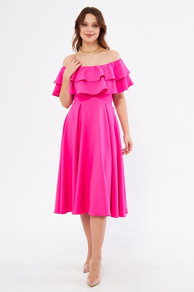 Bidoluelbise Fuchsia Ruffle Neckline Off Shoulder Flowy Woven Fabric Midi Length Homecoming & Evening Dress