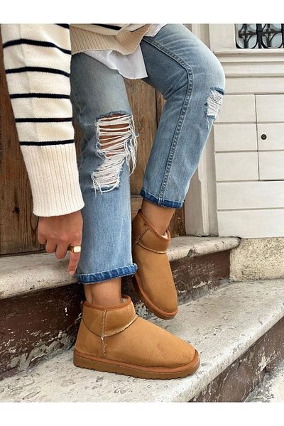 Anıl Ayakkabı Tan Brown Suede Nubuck Mini Size Women's Boots - Half Sole, Furry Inside