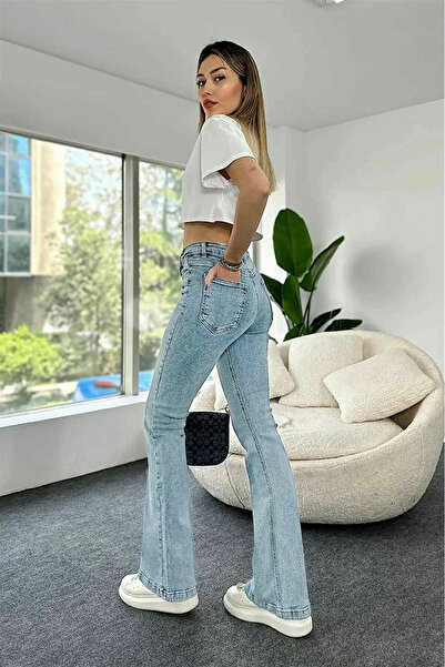 JILLY Pantaloni spanioli cu talie înaltă Fade Lycra Gold Blue Snow Wash Flare Denim