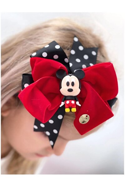 QUEEN AKSESUAR Özel Tasarım Lüks Kırmızı Kadife Fiyonklu Puantiyeli Mickey Mo...