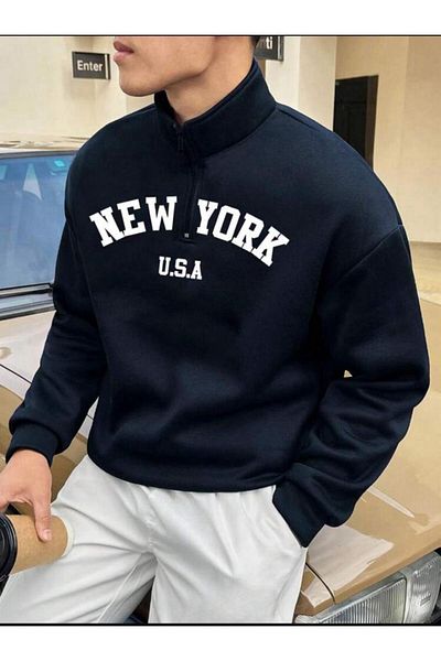 SELENA BUTİK Hanorac unisex cu guler cu fermoar New York bleumarin