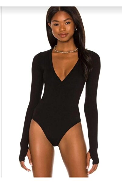 Nsb Tasarım Жіночий чорний боді з глибоким декольте та отворами для пальців