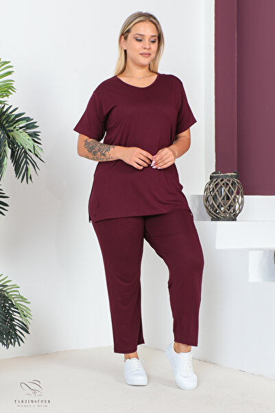 tarzımsüper Plus Size Comfort Model 2-Piece Set with Elastic Waist Trousers Tunic T-Shirt Double Top-Bottom Set