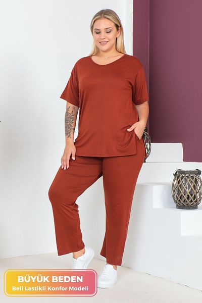 tarzımsüper Plus Size Comfort Model 2-Piece Set with Elastic Waist Trousers Tunic T-Shirt Double Top-Bottom Set