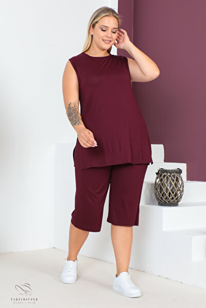 tarzımsüper Plus Size Comfort Model Capri 2-Piece Suit with Elastic Waist and Pocket Capri Shorts Top-Top 2-Piece Set