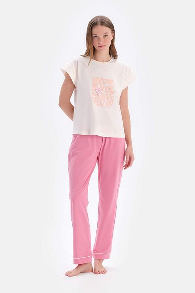 Dagi Ecru Short Sleeve Track Printed T-shirt Pants Pajama Set