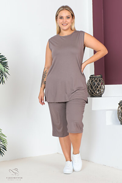 tarzımsüper Plus Size Comfort Model Capri 2-Piece Suit with Elastic Waist and Pocket Capri Shorts Top-Top 2-Piece Set