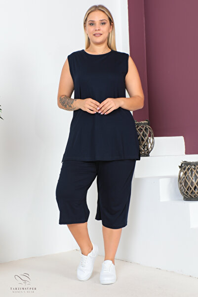 tarzımsüper Plus Size Comfort Model Capri 2-Piece Suit with Elastic Waist and Pocket Capri Shorts Top-Top 2-Piece Set