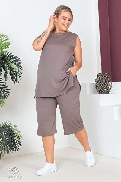 tarzımsüper Plus Size Comfort Model Capri 2-Piece Suit with Elastic Waist and Pocket Capri Shorts Top-Top 2-Piece Set