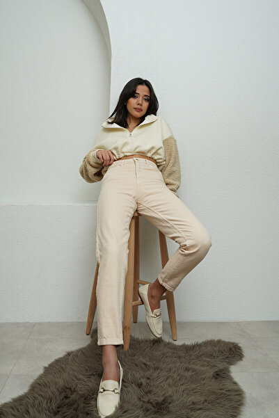 ByCukurovaFrango Vit Beige Mom Jeans Lycra High Waist Beige Mom Jeans Pants 2024