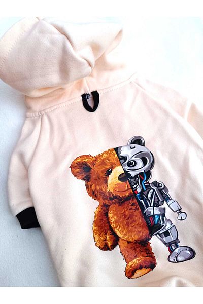 PATİBÖR BearRobo Cream 100% Cotton Fabric Dog Apparel Hooded Sweatshirt with Fleece Inside