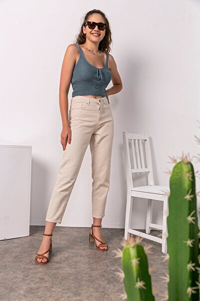 ByCukurovaFrango Penolope Women's Beige Mom Jean High Waist Detail Boyfriend Jeans 2024