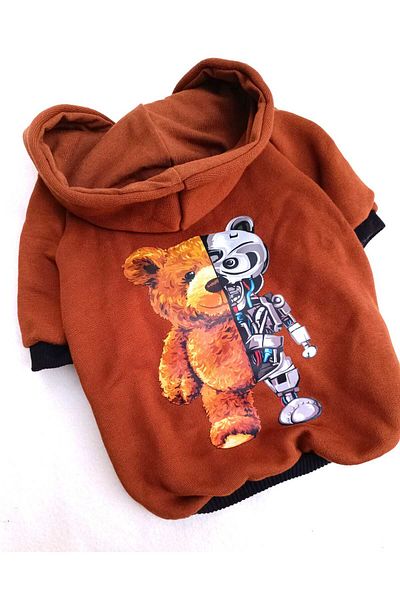 PATİBÖR BearRobo Brown 100% Cotton Fabric Dog Apparel Hooded Sweatshirt with Fleece Inside