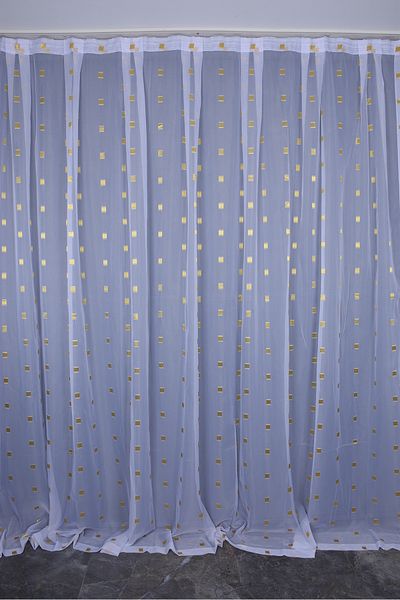 AKÇA TEKSTİL TERGAL GOLD CHECKED WHITE COLOR SINGLE WING Ready Planted Pleated Background Curtain 300*260 Cm