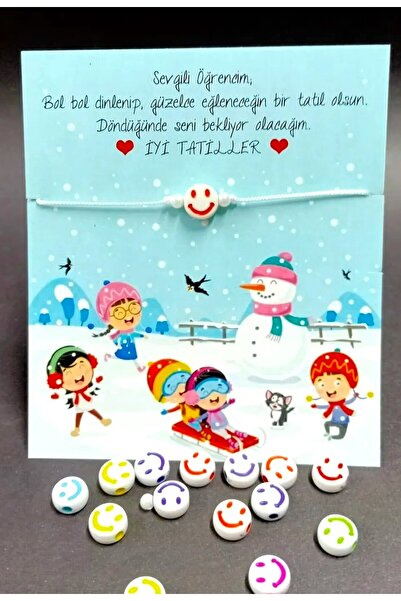 sandal hediyelik İYİ TATİLLER, Okula, Sınıfına Hoş geldin Hediyesi İpli Gülen Yüzlü Bileklik 5 adet Okul hediyesi