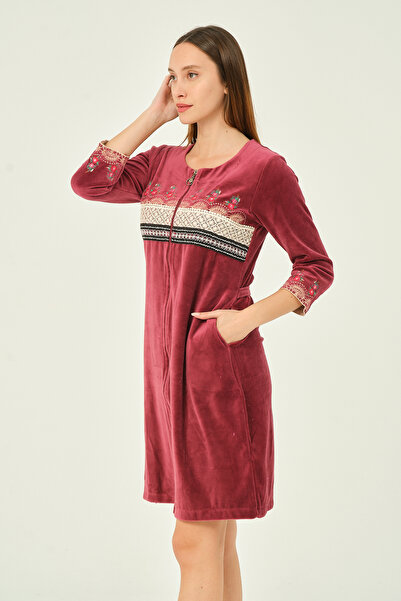 İntensive Lace And Embroidery Detailed Zippered Pocket Cotton Velvet Dress