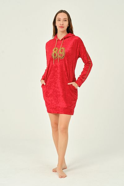 İntensive Women's Hooded Pocket Rhinestone Detail Velvet Long Sleeve Dress