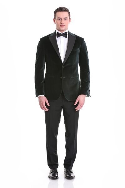 Hatemoğlu Yeşil Slim Fit Düz Sivri Yaka Kadife Klasik Smokin Damatlık