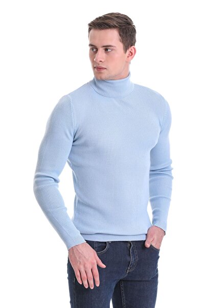Hatemoğlu Mavi Slim Fit Fitilli Balıkçı Yaka Yünlü Triko Kazak