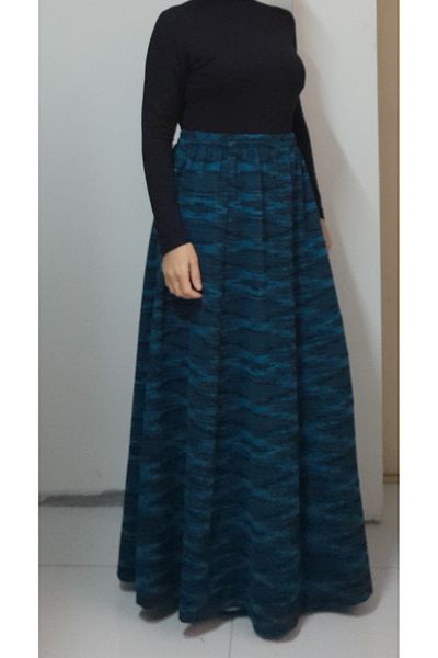 Mertcan Butik Petrol blue black patterned 6-piece steel knitted skirt