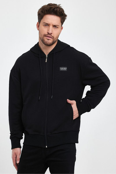 Avones Мъжки бомбър с цип и качулка, джобове и цип, черен