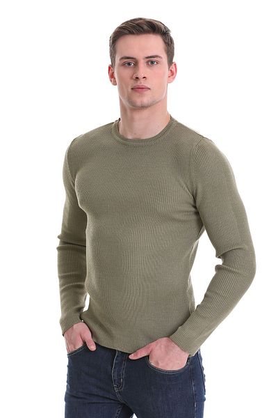Hatemoğlu Green Slim Fit Corded Crew Neck Wool Knitwear Sweater
