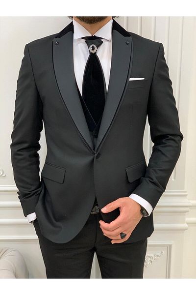 LONATOLİA Men's Tuxedo Groom Suit Shawl Collar Italian Style Slim Fit Jacket Vest Pants Tie Bow Tie-Black